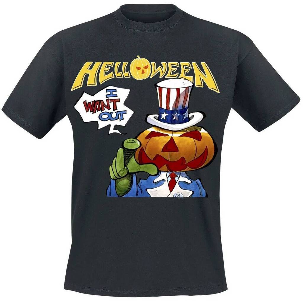 Helloween I Want Out Tee, Áo thun Power Metal có in Logo Uncle Sam Pumpkin & Band, Band Fan Merch