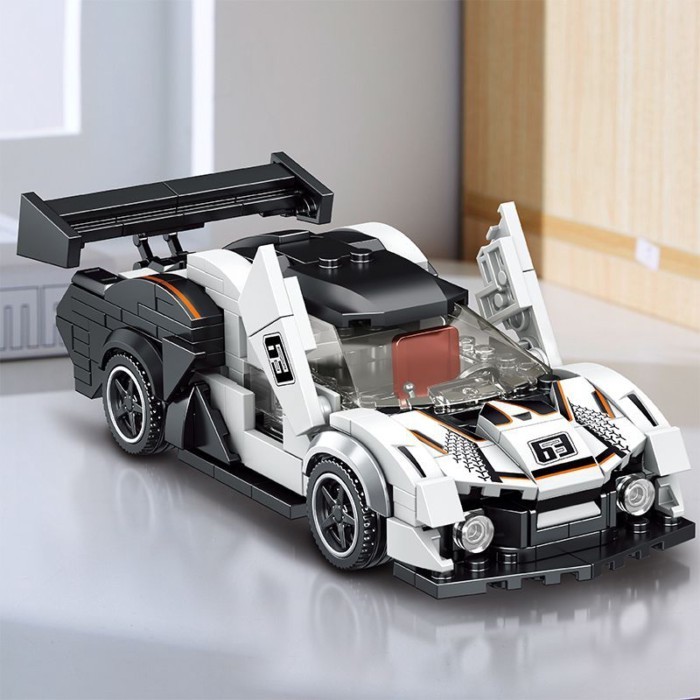 Racing Building Block Assembly Toy, White Racing Car Model With Tail Fin, Boy Gift, Building Block