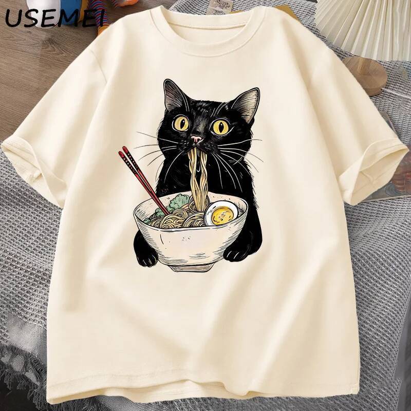 Mì Ramen Mèo Áo Thun Foodie Lover Áo Sơ Mi Mèo Đen Mì Áo Thun Retro Áo Thun Nữ Tay Ngắn Cho Nam Nữ Q