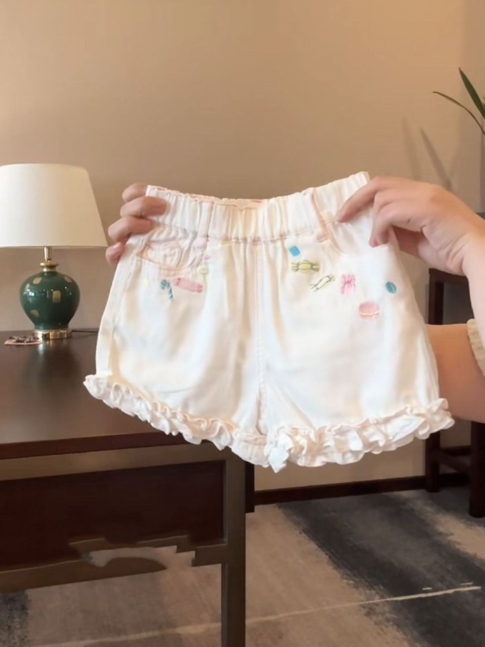 Girls' Pants Thin Girls' Embroidered Wood Ear Shorts Baby Girls' Clothes