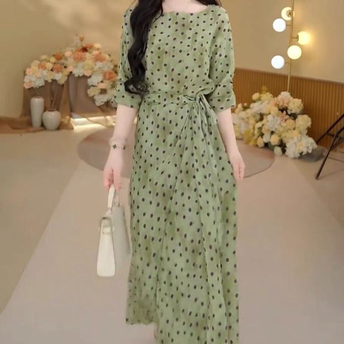 Summer New One-piece Green Polka-dot Waist-tie Slim Dress With Elegant Bohemian Dress