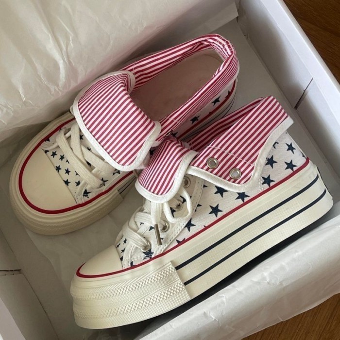 American Style Canvas Shoes European And American Style Pink Striped Cuffed Sneakers Women's Hei