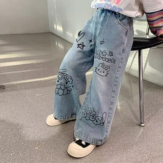 TIINGXUYU Phong Cách Mới In Hình Bé Gái Quần Trung Nhỏ Trẻ Em Denim Quần Thẳng Dễ Thương Mặc Ngoài Bé Gái Mùa Thu Mặc Hợp Thời Trang