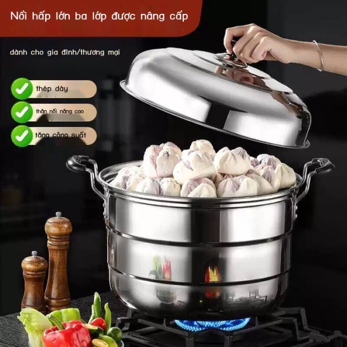 Nồi hấp công nghiệp bằng thép không gỉ 40cm 42cm 45cm 50cm, nồi súp ba tầng dung tích cực lớn siêu