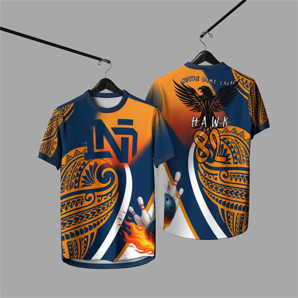 Hawk Bowling Team Blue ‐ Orange Tribal Eagle Mascot Chủ đề Áo thể thao thăng hoa hoàn toàn