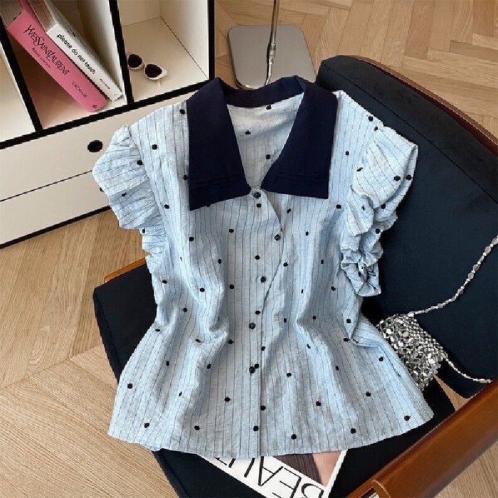Polka Dot Color Matching Shirt For Women, New Summer Slimming Top, Unique Design, Unique Shor