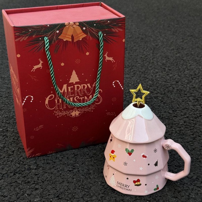 High-looking Creative Christmas Gift Christmas Tree Ceramic Mug With Lid Spoon Girls Couple Coffee