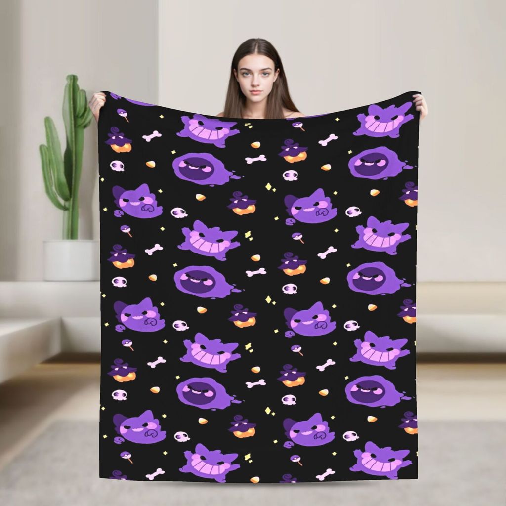 Gengar Tím Dày Đặc Họa Tiết Chăn Pokemon Máy Bay Du Lịch Flannel Ném Chăn Cho Ghế Giường Mềm Mại Ấm 