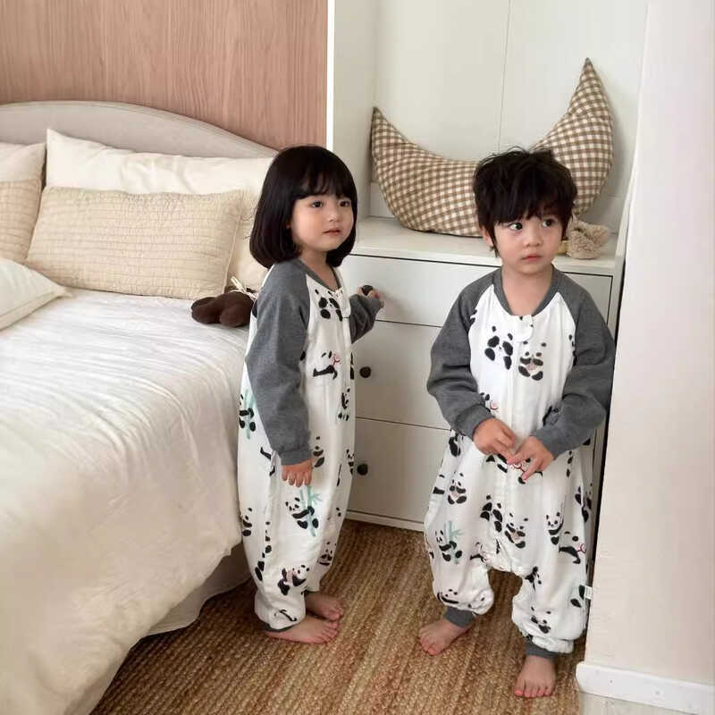 Xuân Thu Phong Cách Sợi Tre Gạc Loại A Túi Ngủ Trẻ Em Nam Nữ Dài Tay Chia Bộ Đồ Ngủ Ro