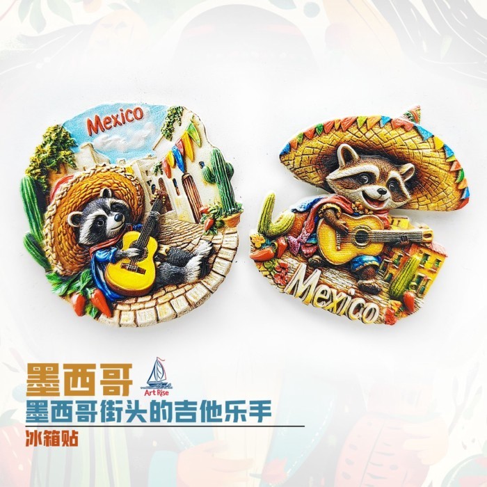 [Miếng dán tủ lạnh ba chiều] Mexico Street Guitar Soledo Hat Raccoon Lưu niệm Nhãn dán từ tính