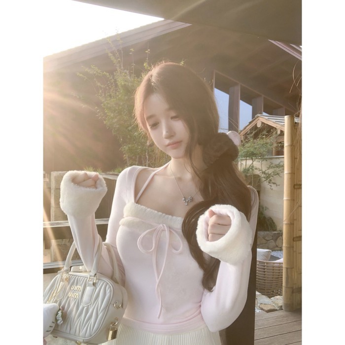 Pink Design Top, Niche Sweet And Cool Fake Two-piece Korean Style Stacked Korean Style Drawst
