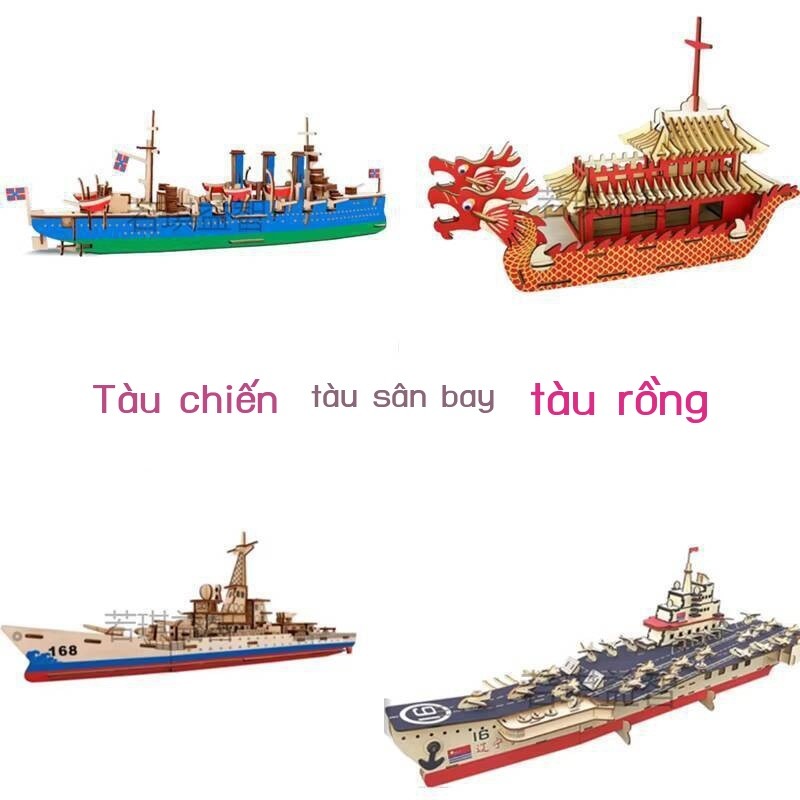 [VIP] Đồ chơi giáo dục trẻ em DIY 3D bằng gỗ tự làm sân bay tàu chiến rồng mô hình thuyền buồm