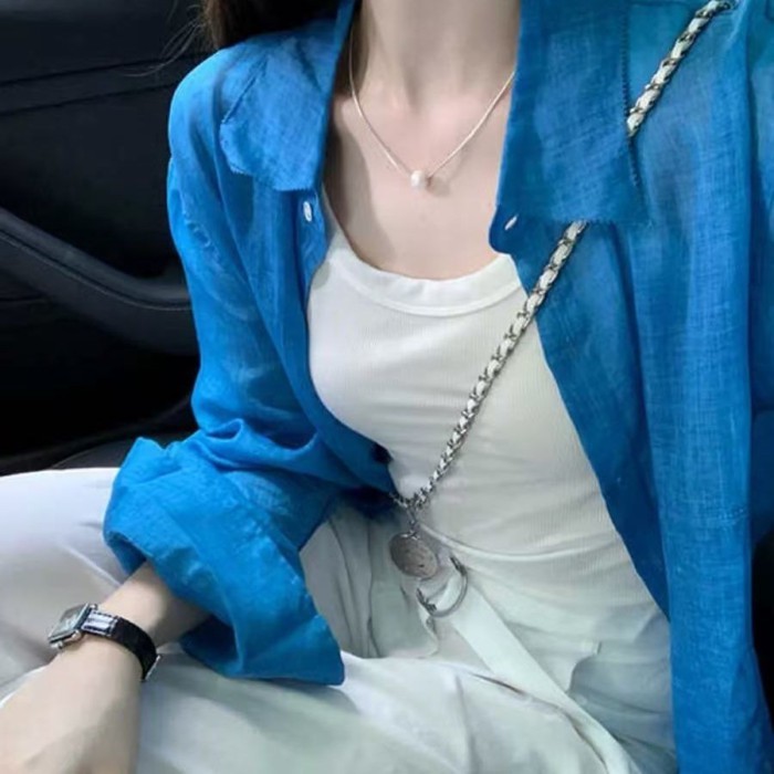 Áo khoác ngoài mỏng nhẹ và tinh tế chống nắng Niche Chic Áo sơ mi cardigan dáng rộng màu xanh mùa h