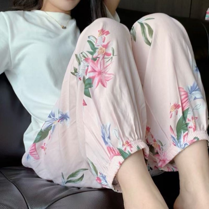 Cotton Lụa Bloomers Nữ Mùa Hè Chống Muỗi Quần Quần Đi Biển Rayon Dáng Rộng Chân-buộc Rayon Bộ Đồ