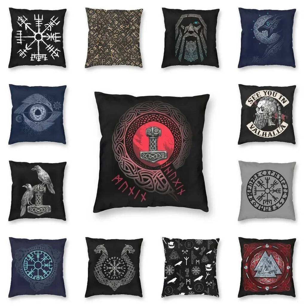 Viking Runes Thor Mjolnir Đệm Có Sofa Trang Trí Nhà Bắc Âu Valhalla Odin Vuông Ném Gối 45x45