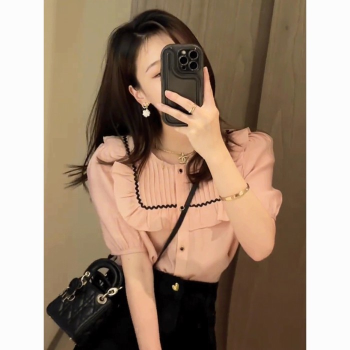 Chiffon Shirt Women's New Short-sleeved Summer French Puff-sleeved Shirt Babydoll Shirt Tempe