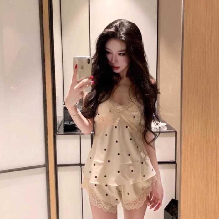 Milk Polka Dot Pajamas Sexy And Breathable Women's Ice Silk Pajamas With Breast Pads Soft Lac