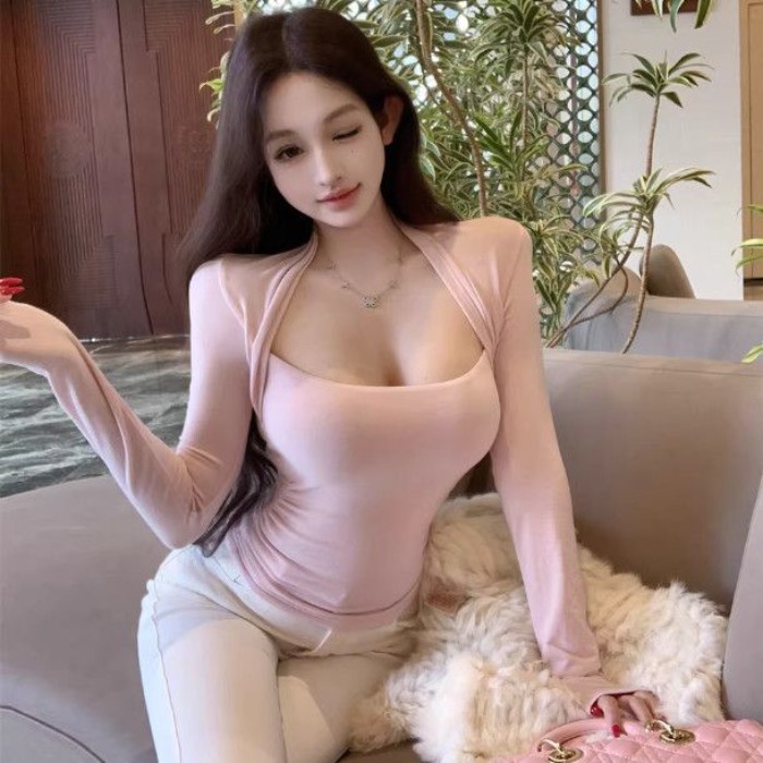 đầu mùa xuân cổ vuông ôm sát đáy áo thun bó sát dài tay màu hồng áo thun nữ niche