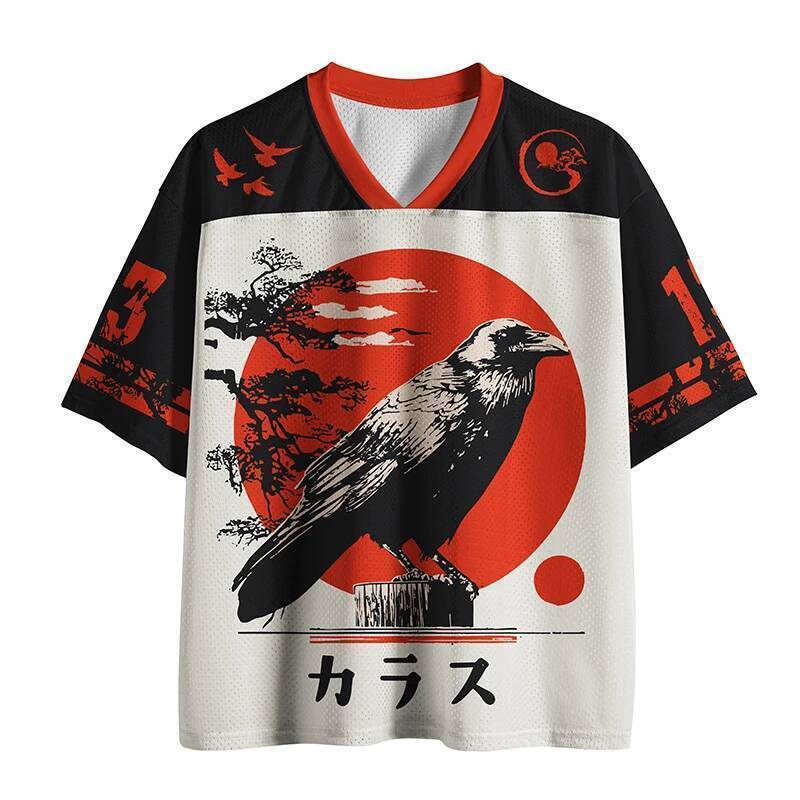 Retro Nhật Bản Crow Hanzi Lưới Jersey Mặt Trời Đỏ Cây Cảnh Họa Tiết Thoáng Khí Người Lớn Và Trẻ Em Đ