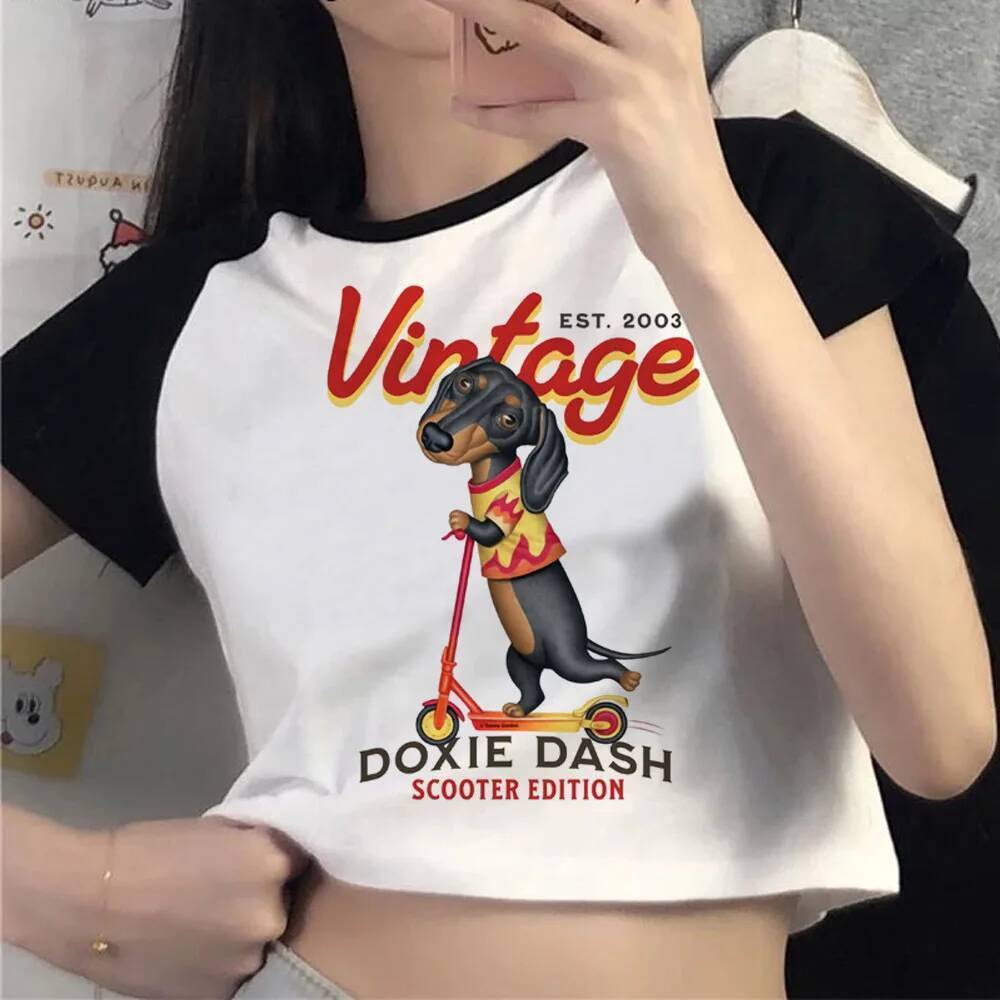 Dachshund crop top shoujo gyaru nhật bản cổ điển meme áo thun manga kawaii nhật bản