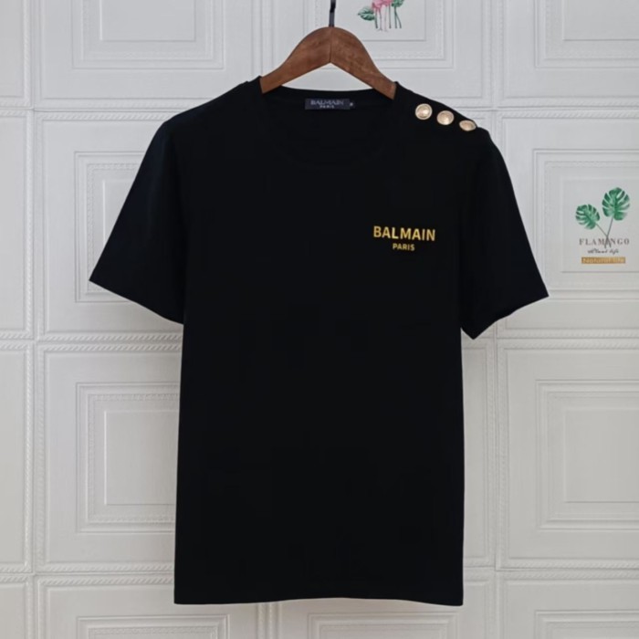 Balmain Hợp Thời Trang Thương Hiệu Balmain Dập Nóng Chữ Nhỏ Đơn Giản Tay Ngắn Cotton Rời Áo Thun Thư