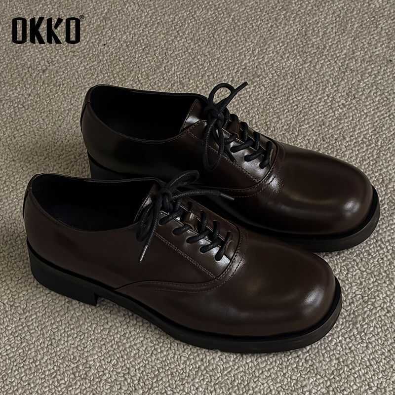 [OKKO] Giày Derby mẫu mới mùa xuân 2026, mũi vuông màu nâu cổ điển dành cho nam và nữ, giày da thườn