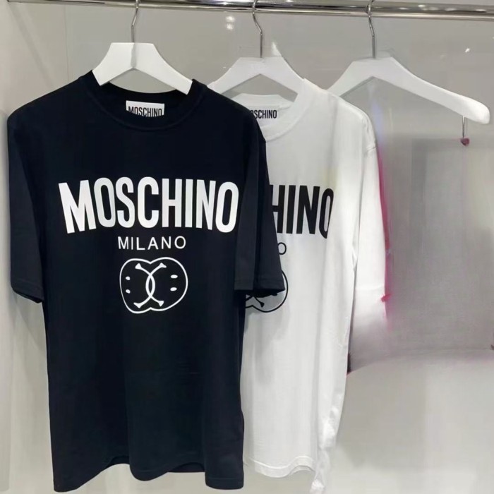 Xuân Hè Mới Moschino Đôi Mặt Cười In Chữ Ngắn Tay Cổ Tròn Áo Thun Top