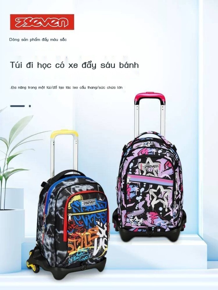 Ba lô kéo 7seven Colorful Series của Ý, 6 bánh xe, khả năng leo cầu thang, dung tích 34 lít, có thể