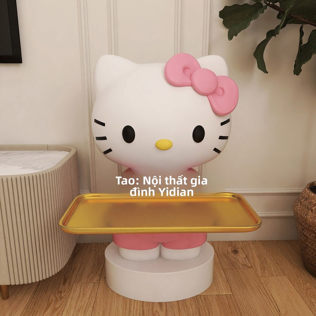 Tủ TV phòng khách lớn hình mèo Hello Kitty, bàn cạnh sàn, khay trí, đồ trang trí tân gia.