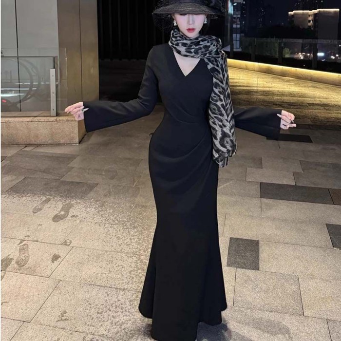 New Autumn And Winter Korean Style Gentle Style V-neck Long-sleeved Dress Korean Style Slimmi