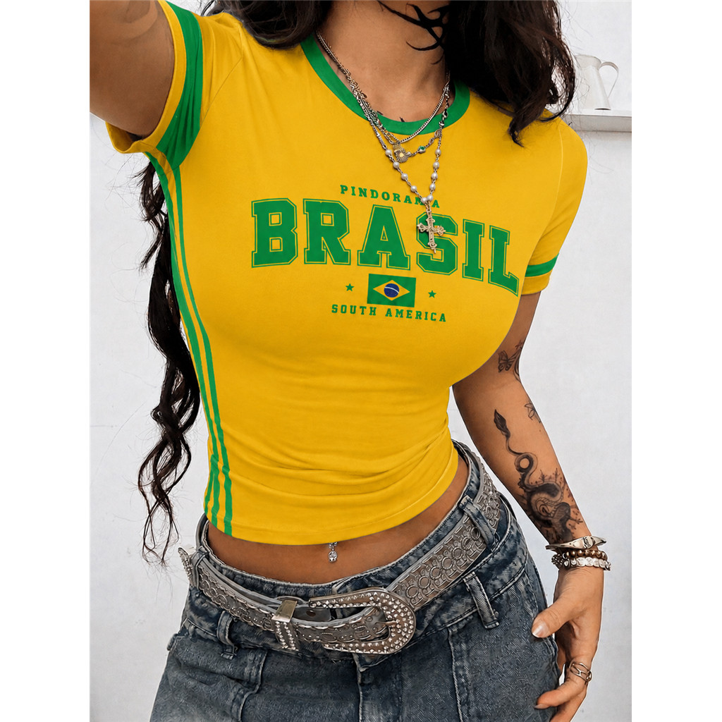 Áo thun sọc mỏng tay ngắn dành cho nữ có in hình "Brazil" – Áo bóng đá kiểu Brazil