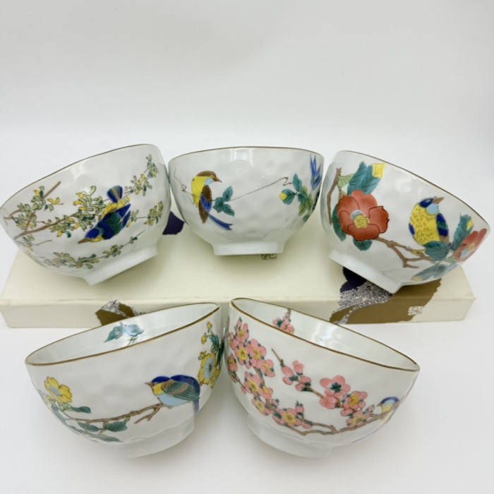 Nhật Bản Kutani Miyama Bát Cơm Hộ Gia Đình Gốm Hoa Chim Mận Chim Bộ Đồ Ăn Tân Gia Underglaze Màu Hộp