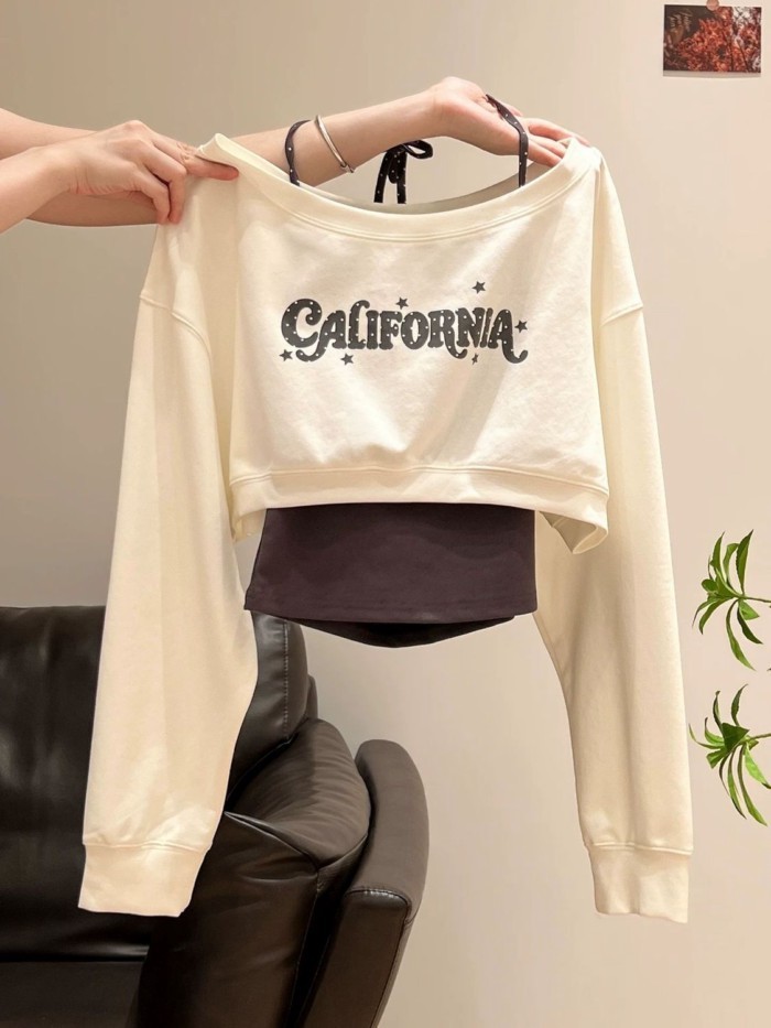 Girls' Beautiful Off-Shoulder White Off-Shoulder Printed Long-Sleeved T-Shirt Women's New Style