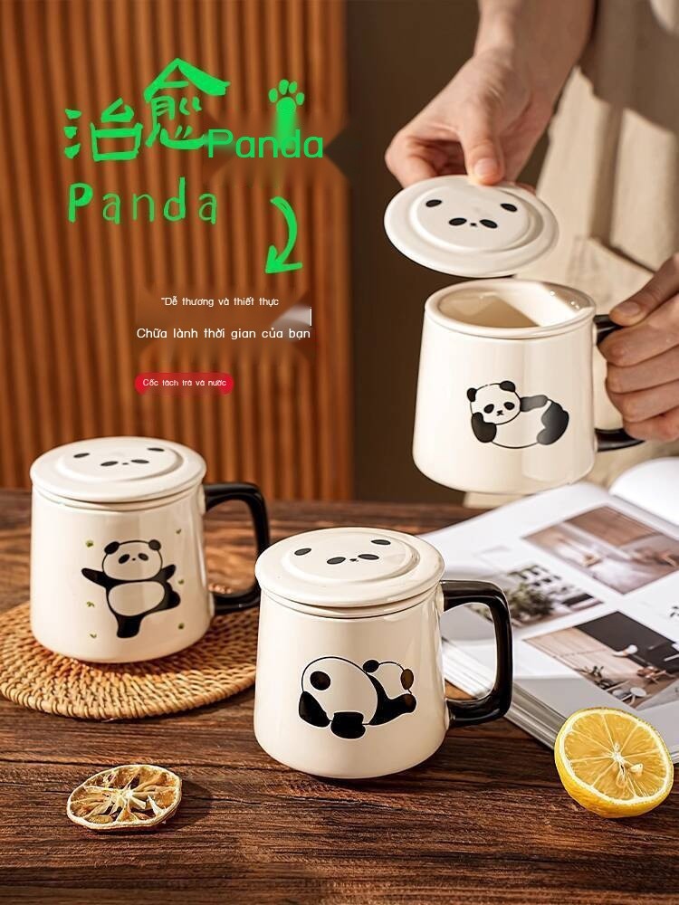 Ly Panda có nắp, tách trà-nước, trà cá nhân cho nữ văn phòng, ly nước gốm
