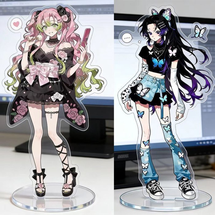 Demon Slayer Mitsuri & Shinobu Acrylic Đứng Dạo Phố Hồng Hoa Hồng Kimono Trang Phục Sưu Tập