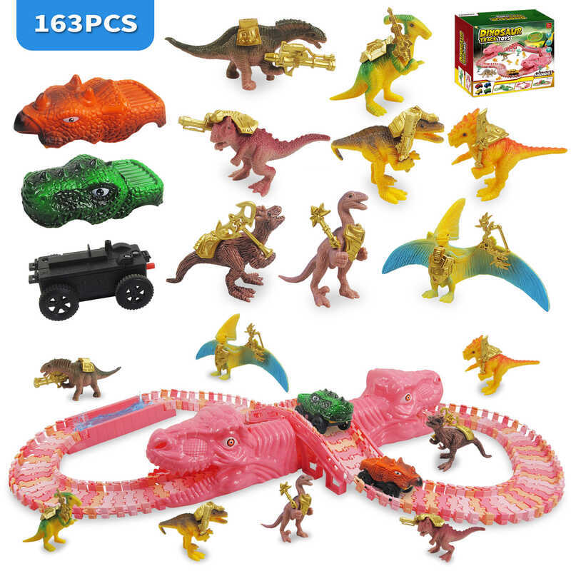 Chiến binh khủng long Đường sắt điện Đường hầm ô tô DIY Lắp ráp theo dõi Bộ màu hồng Đồ chơi trẻ em