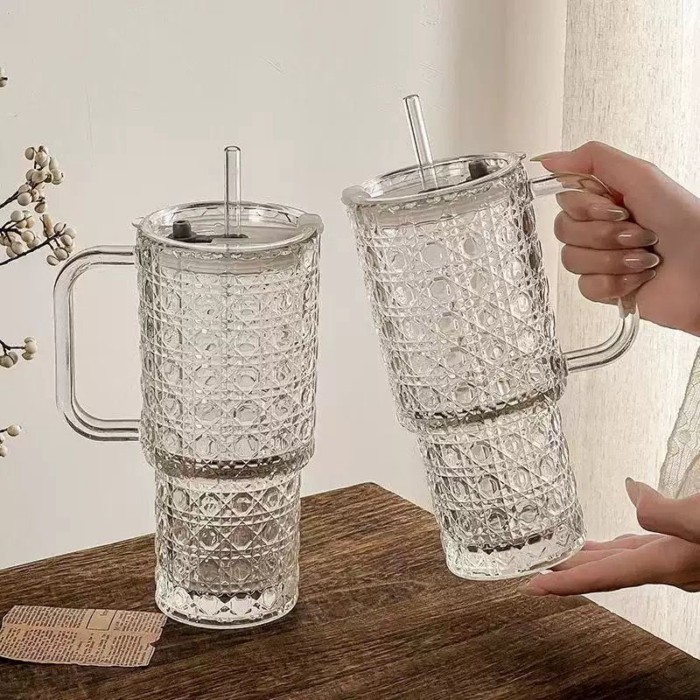 Large Capacity Straw Glass Cup With Handle Office Water Cup Iced American Latte Coffee Cup Drinking