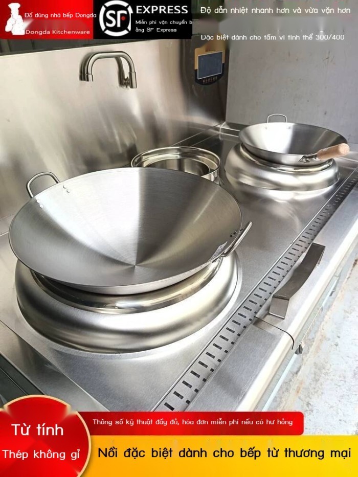 Nồi thương mại chuyên dụng từ, chảo inox 50cm, cho bếp từ khách sạn, nấu 60cm, nồi sắt hai tay cầm.