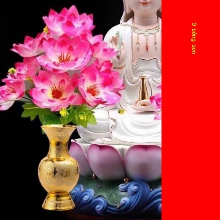 Bó hoa sen nhân tạo 9 bông mới dùng cho bàn trang trí trước tượng Quan Âm và Phật, vật phẩm thờ Phậ