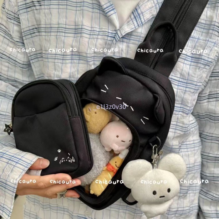 Kaomoji Sinh viên Mèo đen MINI Đeo chéo Ngực Vai Túi màu đen trong suốt