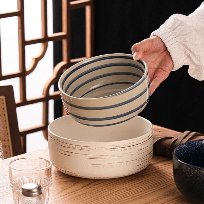Japanese High-leg Noodle Bowl, Retro-style Ceramic Tableware, Salad Bowl, Large Rice Bowl, Househol