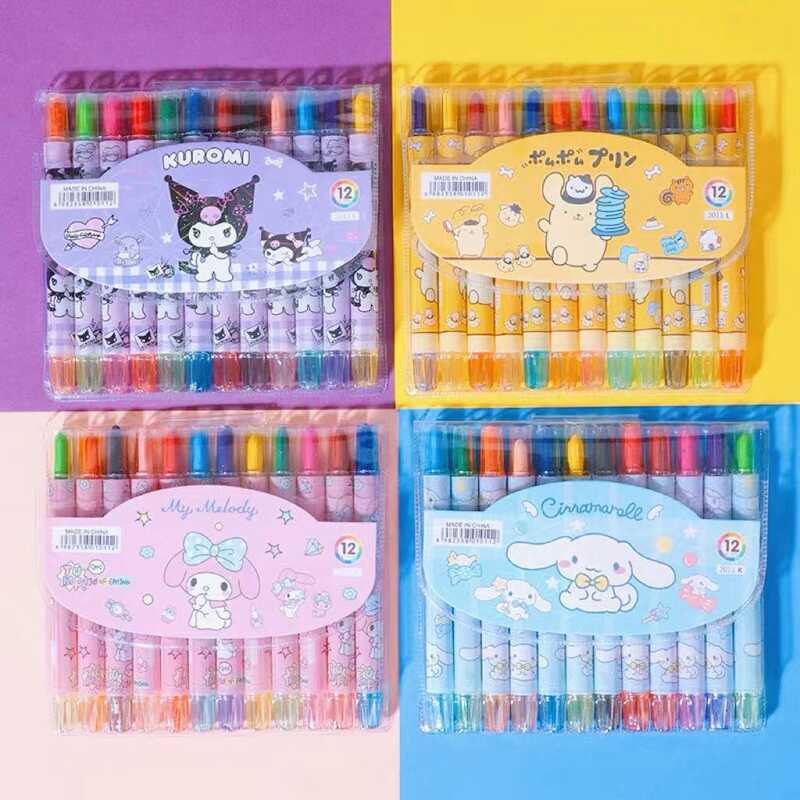 Sanli Dễ Thương Thú Cưng Crayon 12 Màu Giá Trị Cao Kuromi Ngắn Crayon Trẻ Em Tranh Bút Xoay Crayon D