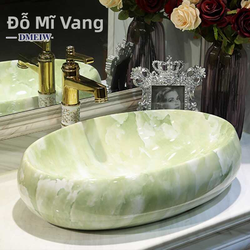 Chậu rửa mặt đặt bàn, chậu rửa mặt gốm sứ giả đá cẩm thạch cho phòng tắm, chậu rửa mặt hình bầu dục 