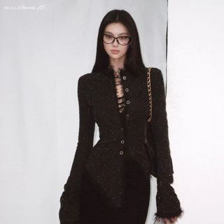 Đen Lấp Lánh Co Giãn Mỏng Tweed Eo Hẹp Slim-fit Ôm Hơn Nhìn Không Đều Thu Đông Áo Khoác Nữ