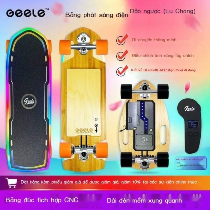 Ván điện Geele bốn bánh điều khiển từ xa dây, có đèn, ván trượt trên cạn, xe tay ga mini thông minh