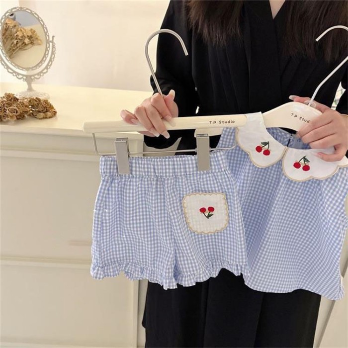 Suit Girls Blue Checkered Cherry Vest Shirt Cute T-shirt Shorts Sweet Baby