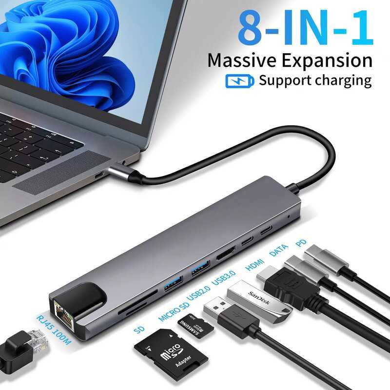 TYPE-C Gigabit Network Card Docking Station 8 trong 1 usbhub Hub HDMI Docking Station Đa chức năng D