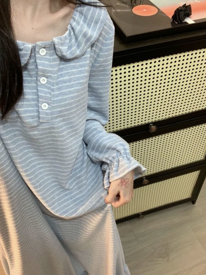 Pajamas Female Internet Celebrities Sweet Striped Warm Doll Collar Pajamas Long Sleeves Plus Vel
