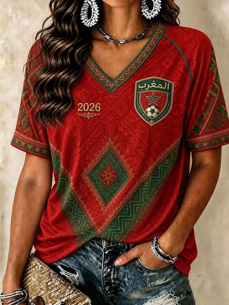 2026 Áo thun đội tuyển quốc gia Maroc mới Áo thun thể thao cổ chữ V dành cho nữ với "MOROCCO" Crest 