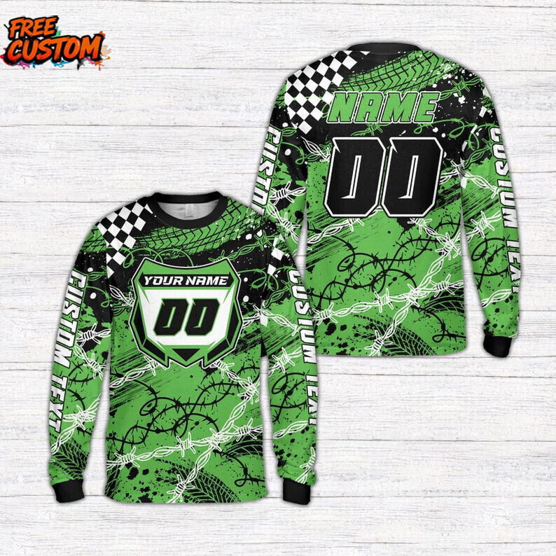 [Tùy chỉnh miễn phí] Áo dài tay xe đạp địa hình ca rô, Áo thun BMX biển số của người lái được cá nhâ